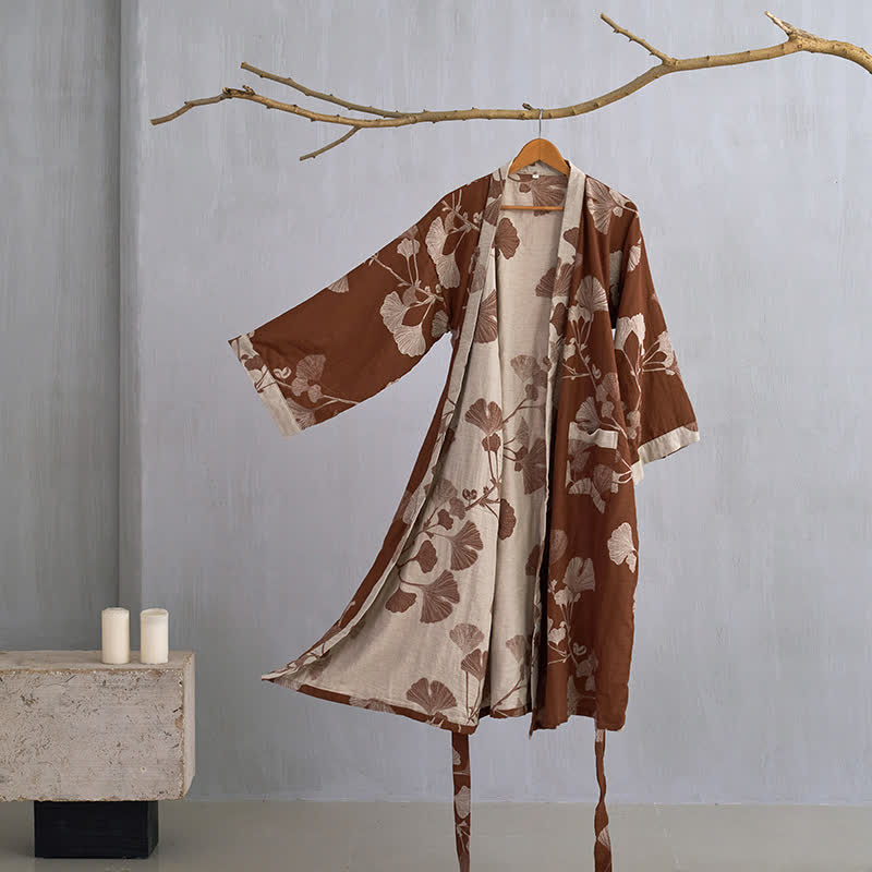 Baumwoll-Kimono-Bademantel mit Ginkgo-Print - Kaffee & Beige / M - Bademäntel und Loungewear