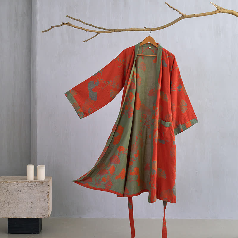 Baumwoll-Kimono-Bademantel mit Ginkgo-Print - Orange & Grün / M - Bademäntel und Loungewear