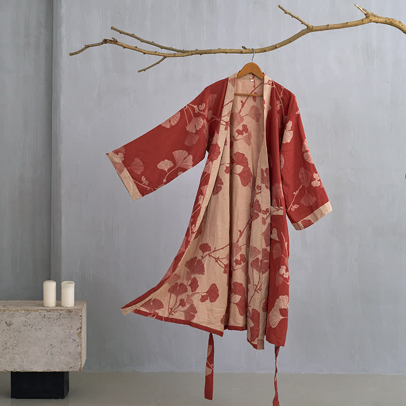 Baumwoll-Kimono-Bademantel mit Ginkgo-Print - Rot & Nude / M - Bademäntel und Loungewear