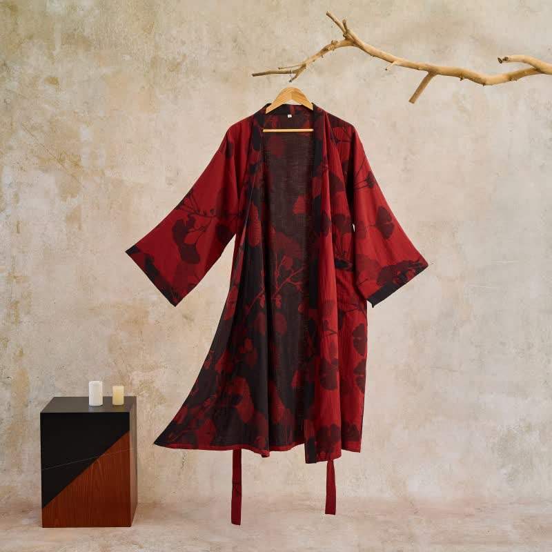 Baumwoll-Kimono-Bademantel mit Ginkgo-Print - Rot & Schwarz / S - Bademäntel und Loungewear