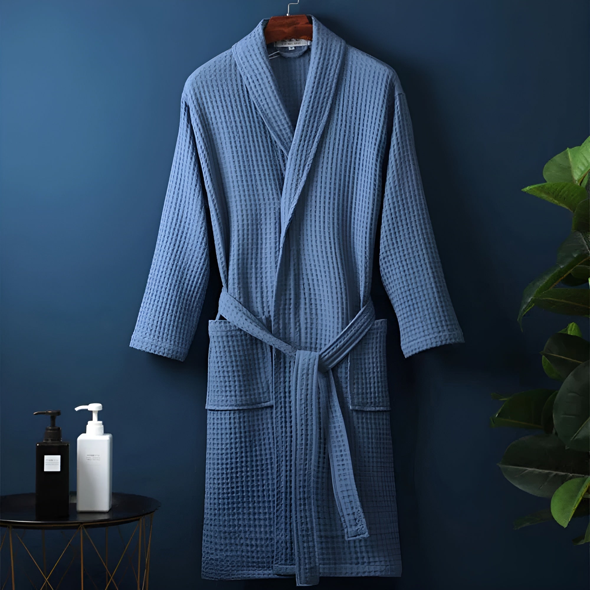 Baumwoll Waffel-Bademantel - Leichter Morgenmantel für Damen & Herren - Blau / M - Badjassen