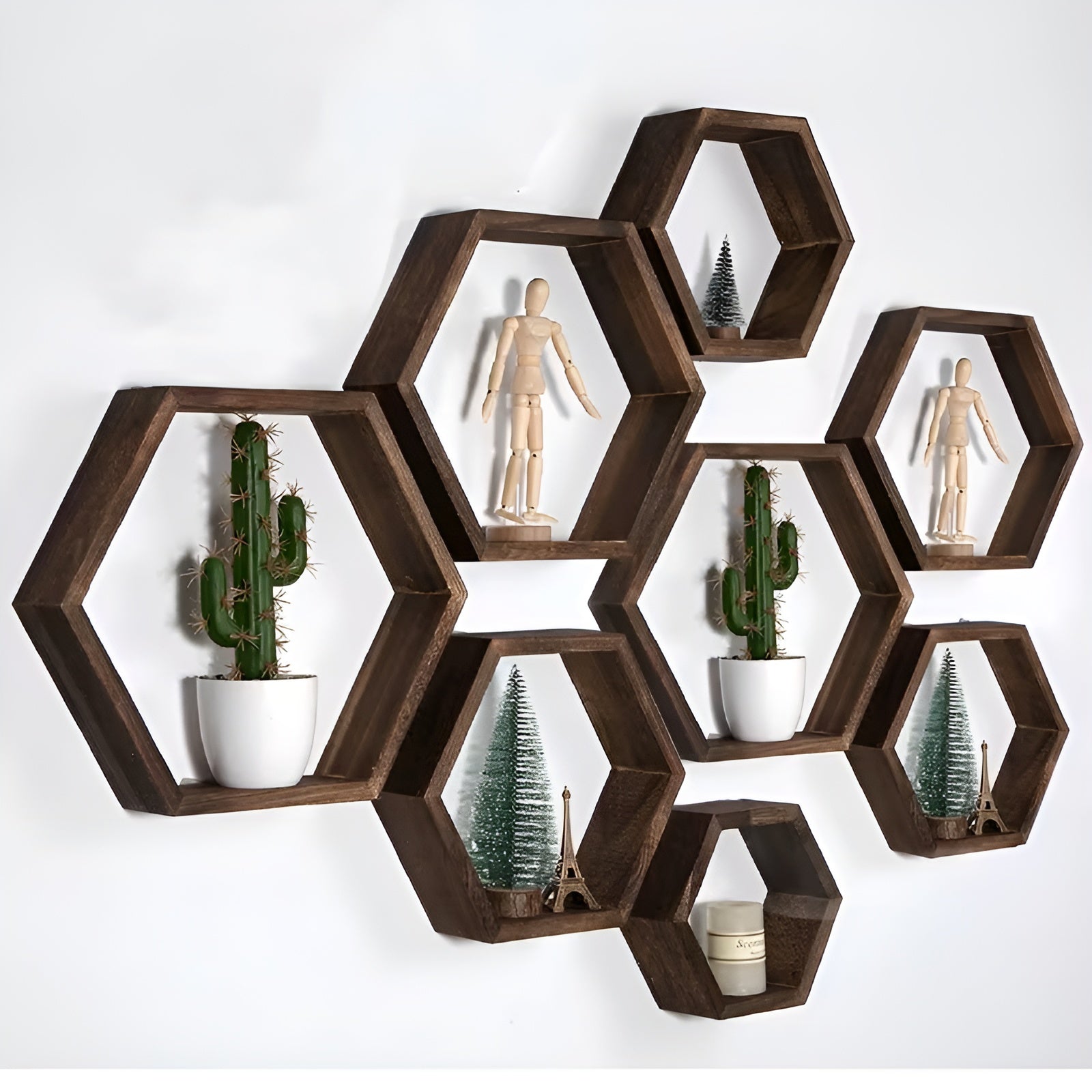 Hexagonale Wandregale (5er-Set) – Schwebendes Design im Landhausstil | Aus Holz Perfekt für Wohnzimmer & Schlafzimmer