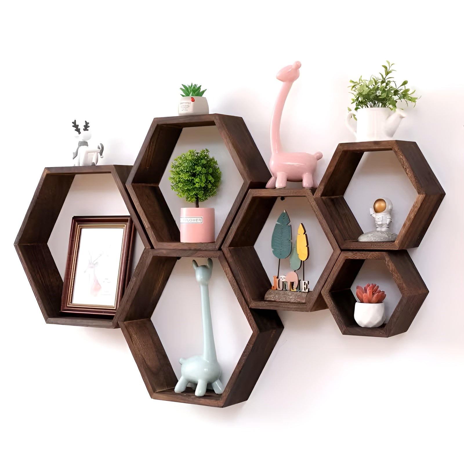 Hexagonale Wandregale (5er-Set) – Schwebendes Design im Landhausstil | Aus Holz Perfekt für Wohnzimmer & Schlafzimmer