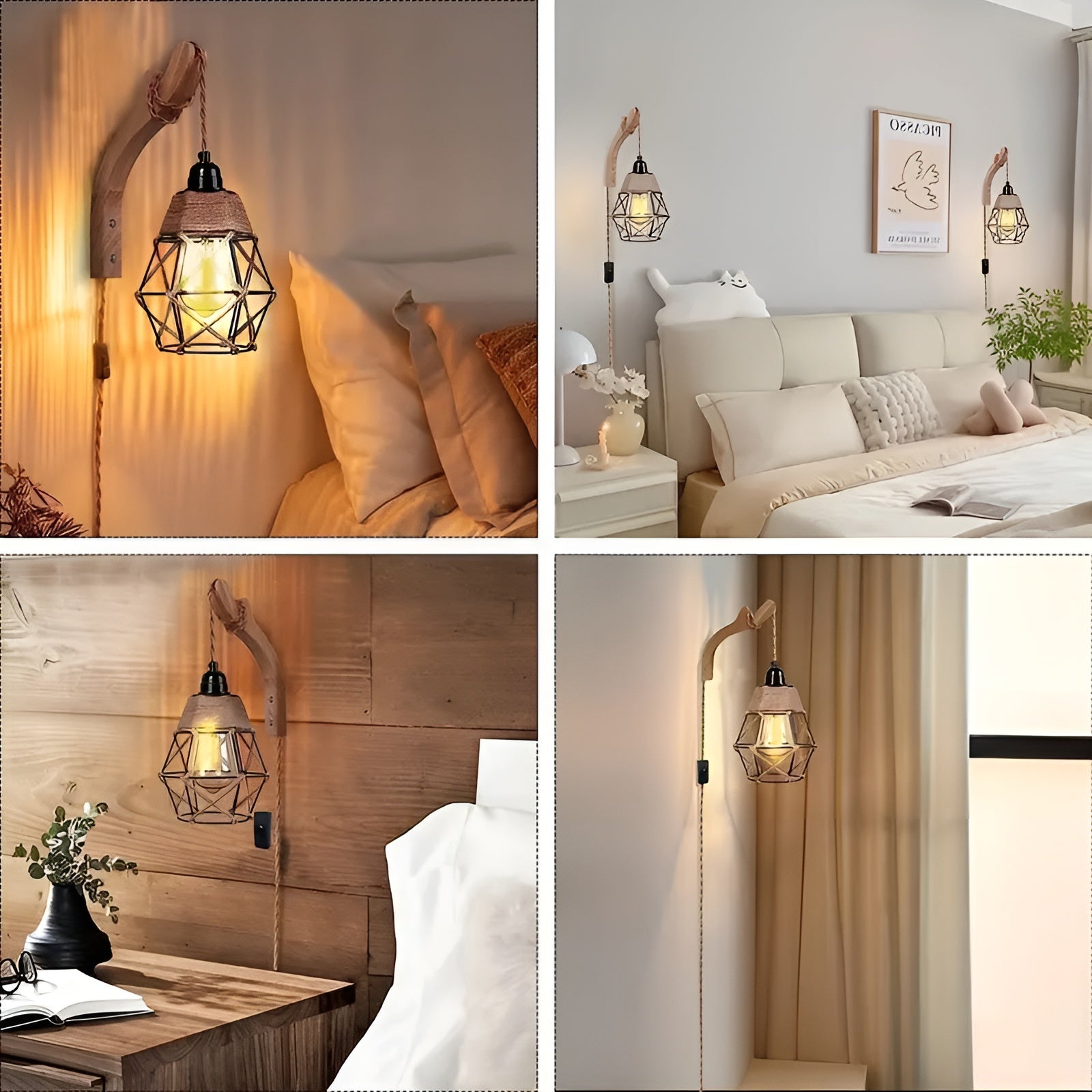 Wandleuchte aus Rattan – Handgefertigt im Boho-Stil mit Holzarm und Jutekabel | Für Wohnzimmer & Schlafzimmer