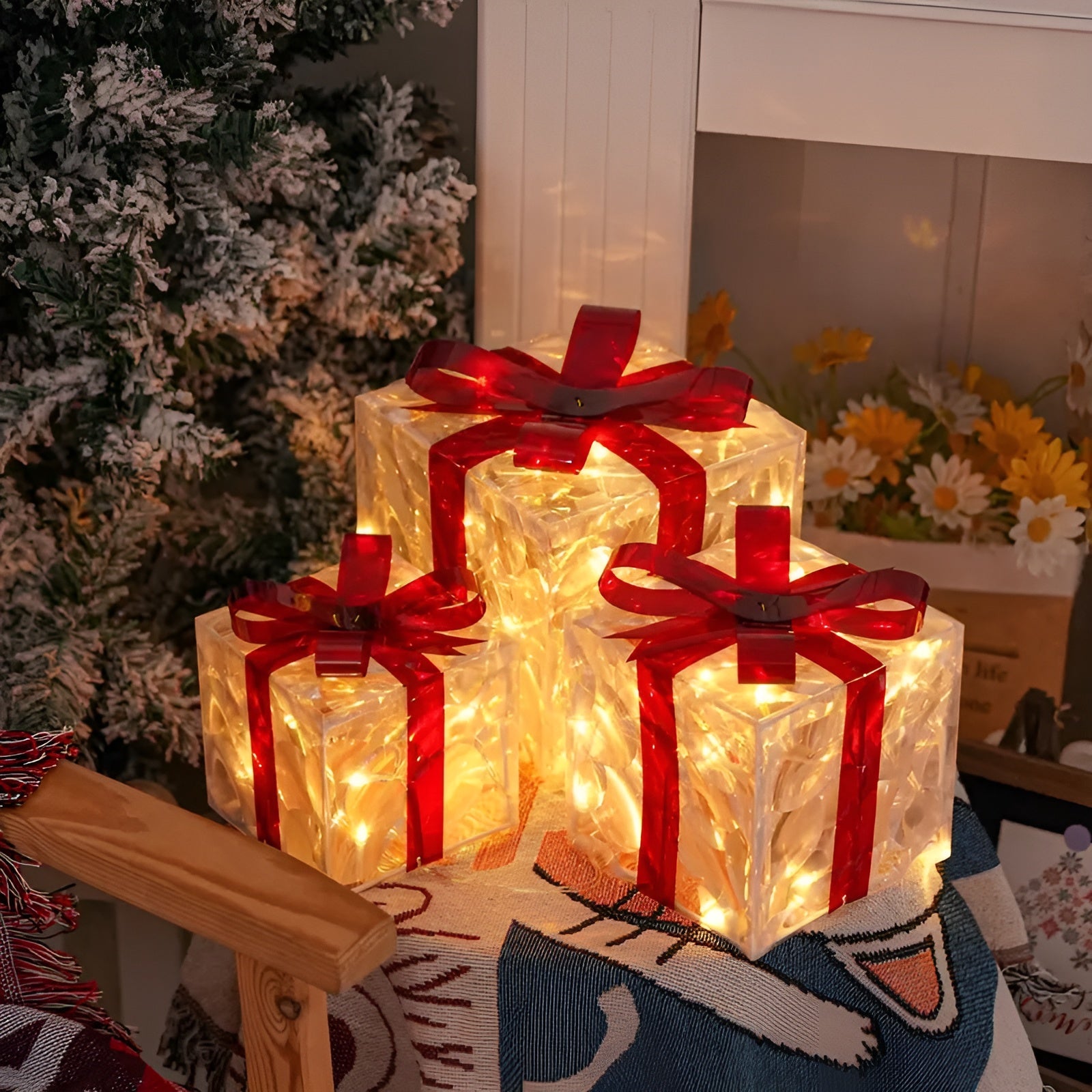 Leuchtende Geschenkboxen Set (3-teilig) – Weihnachtsdekoration mit Warmweißem Licht | Transparent mit Roten Schleifen für Zuhause