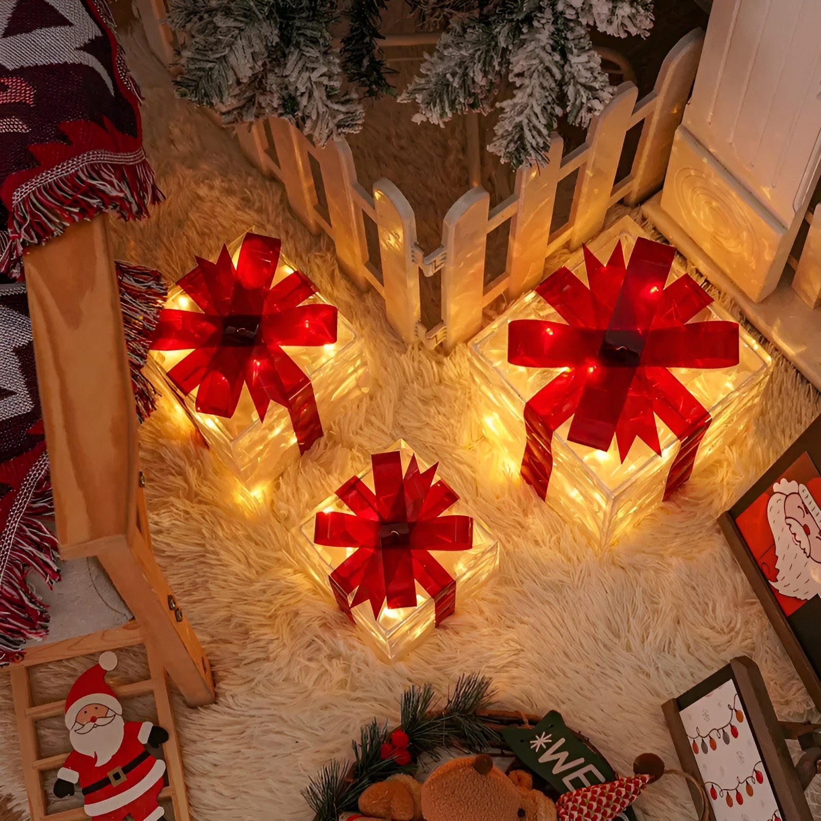 Leuchtende Geschenkboxen Set (3-teilig) – Weihnachtsdekoration mit Warmweißem Licht | Transparent mit Roten Schleifen für Zuhause