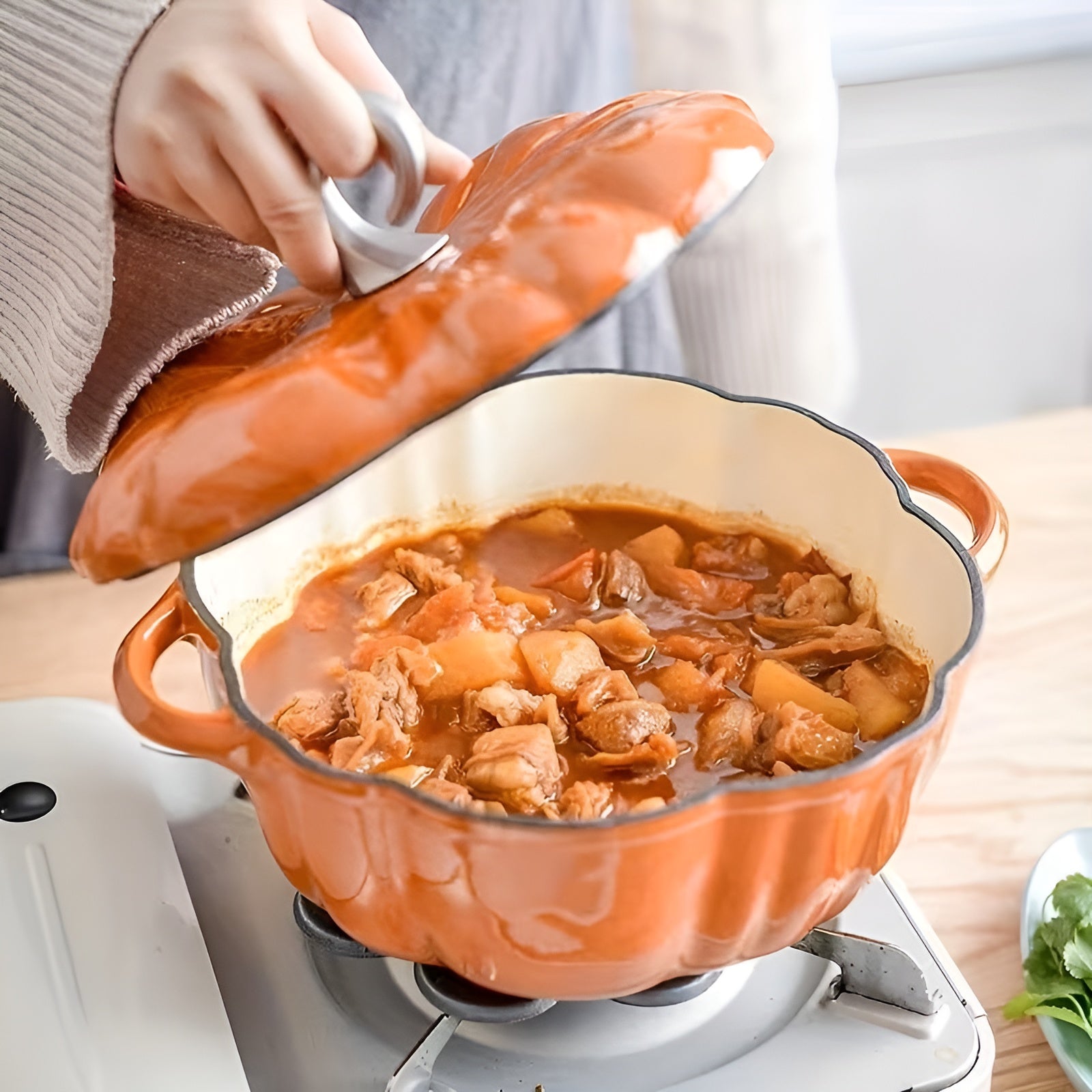 Kürbisförmiger Emaille-Kochtopf – Multifunktionale Suppen- und Eintopfpfanne - Kürbis-Topf-Orange - Wohnzubehör