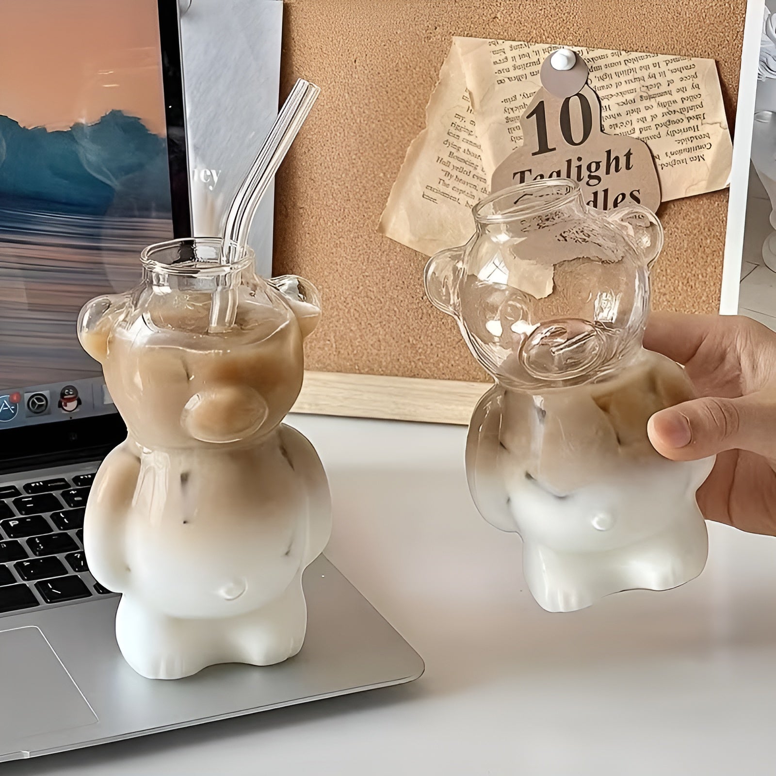 Glas Trinkbecher mit Bärenmotiv – Süßes 2er-Set | Mit Strohhalm für Eiskaffee & Saft - 2 Set - Wohnzubehör