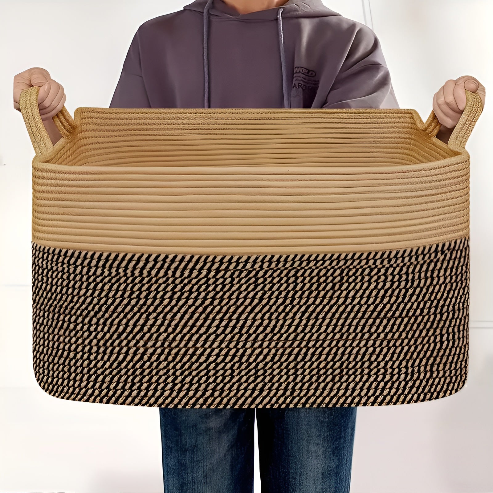 Großer Geflochtener Aufbewahrungskorb – Stabil & Stilvoll | Mit Seilgriffen, Perfekt für Wohnzimmer, Wäsche & Regale (Schwarz)