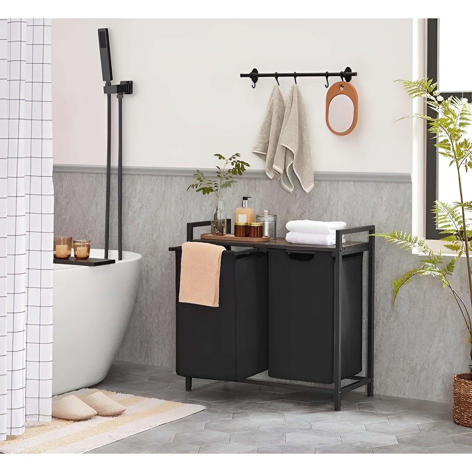 Wäschekorb mit Fächern – Ausziehbarer Wäschesortierer mit Ablage | Schwarzes Metall & Holzoptik in Braun