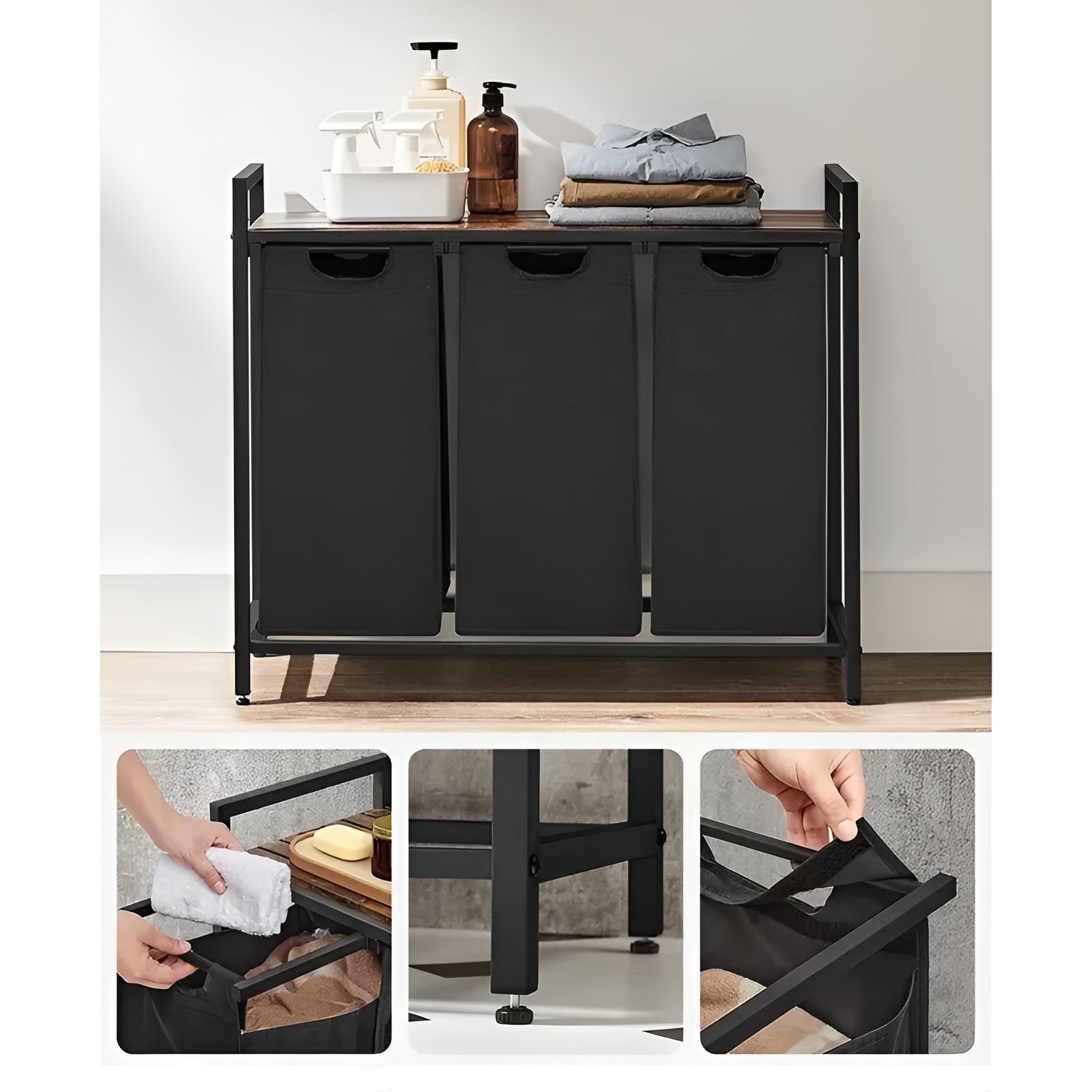 Wäschekorb mit Fächern – Ausziehbarer Wäschesortierer mit Ablage | Schwarzes Metall & Holzoptik in Braun