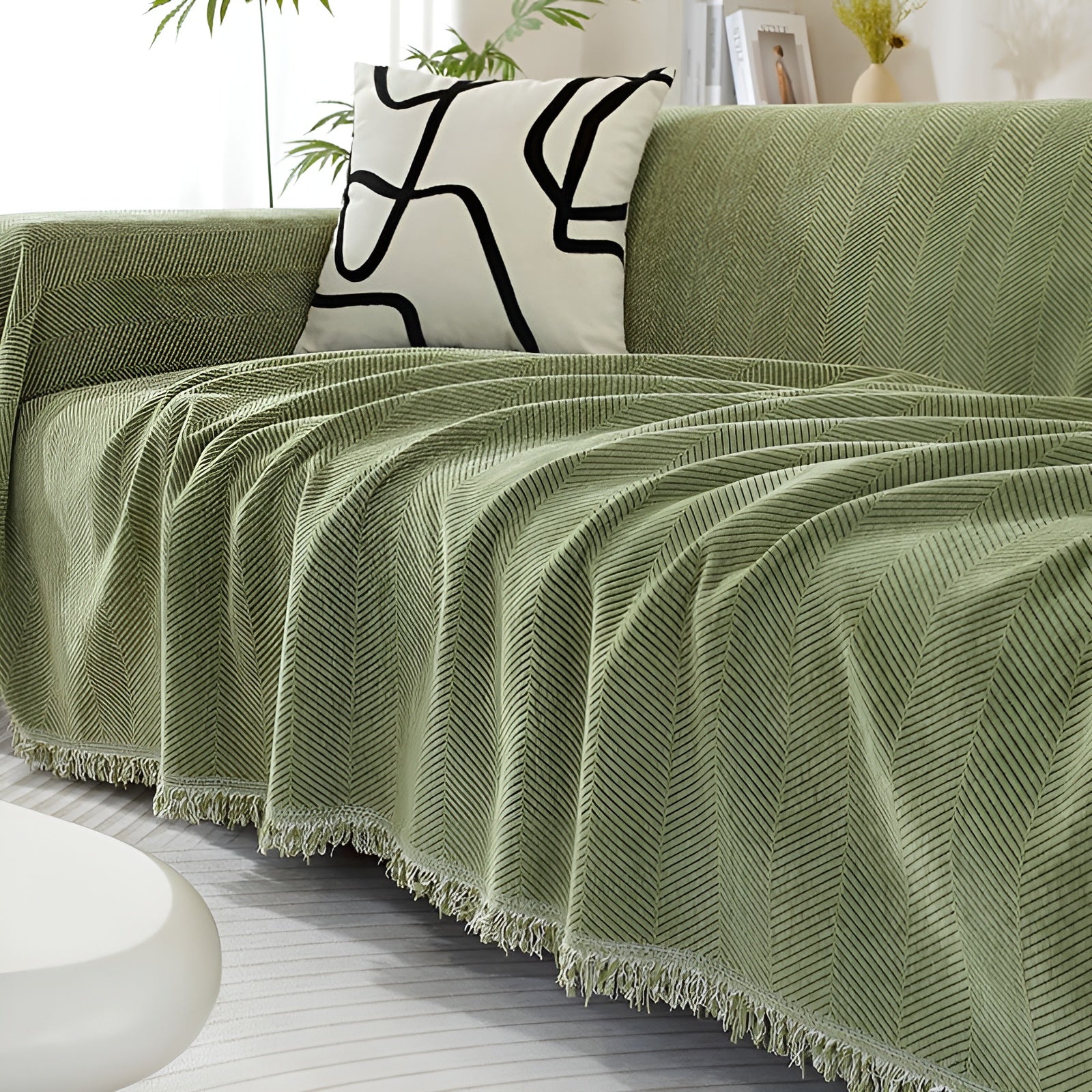 Chenille-Decke Fischgrätenmuster und Quasten – Gemütlicher Stil für das Sofa - 180*130cm / Grün - Decke