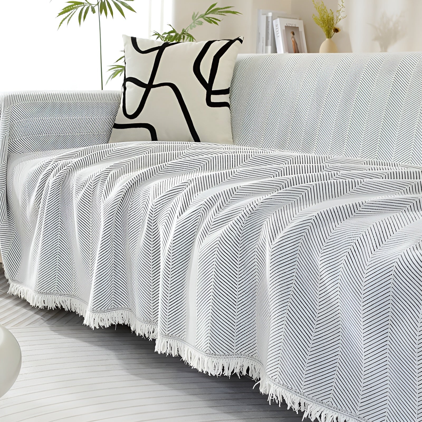 Chenille-Decke Fischgrätenmuster und Quasten – Gemütlicher Stil für das Sofa - 180*130cm / Hellgrau - Decke