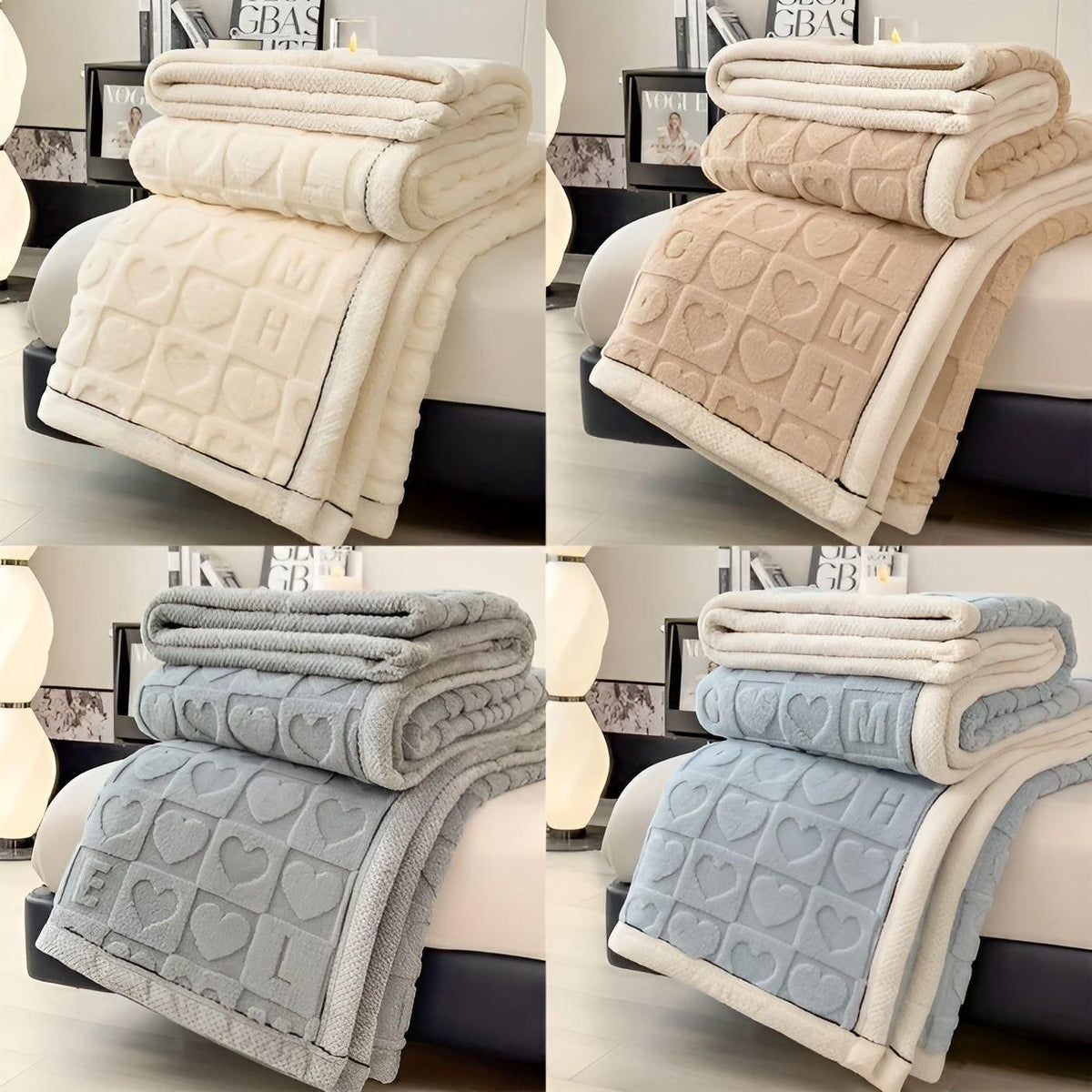 CozyJacquard Blanket - Ultra-Weiche Coral Fleece Decke mit Doppelseitigem Herz- und Buchstaben-Design - Saisonale