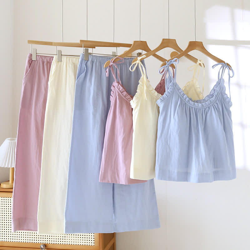 Damen Pyjama aus Baumwolle mit Rüschenkragen – Camisole-Set - Nachtwäsche und Homewear