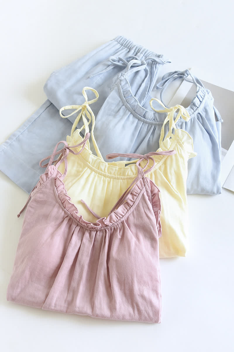 Damen Pyjama aus Baumwolle mit Rüschenkragen – Camisole-Set - Nachtwäsche und Homewear