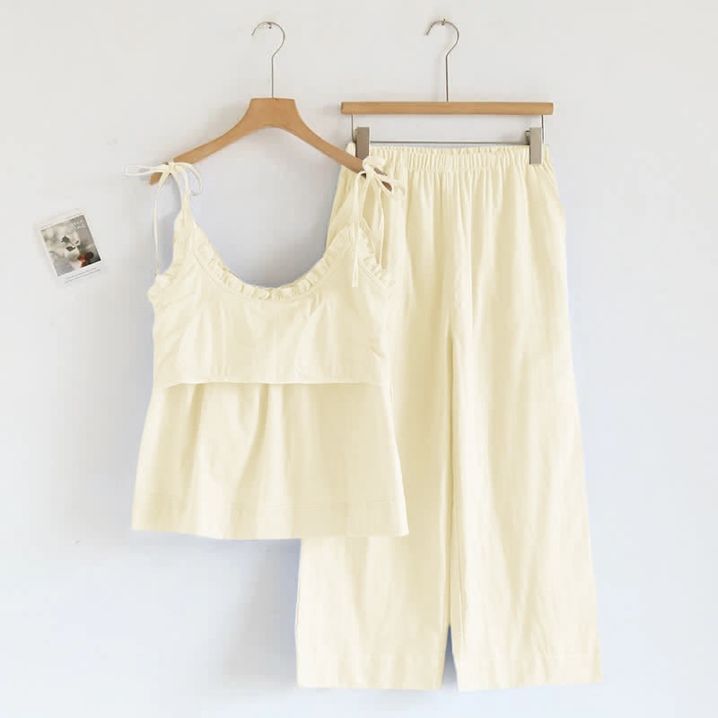 Damen Pyjama aus Baumwolle mit Rüschenkragen – Camisole-Set - Nachtwäsche und Homewear