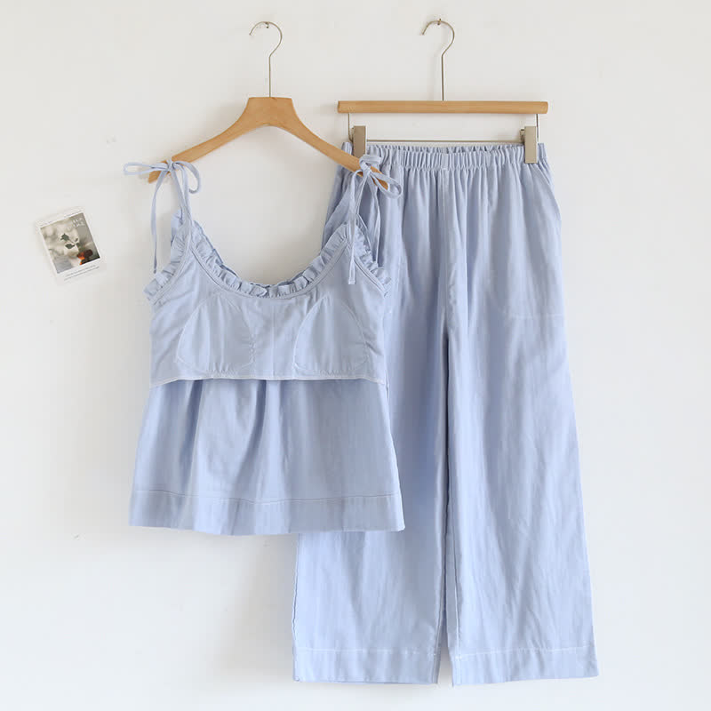 Damen Pyjama aus Baumwolle mit Rüschenkragen – Camisole-Set - Nachtwäsche und Homewear