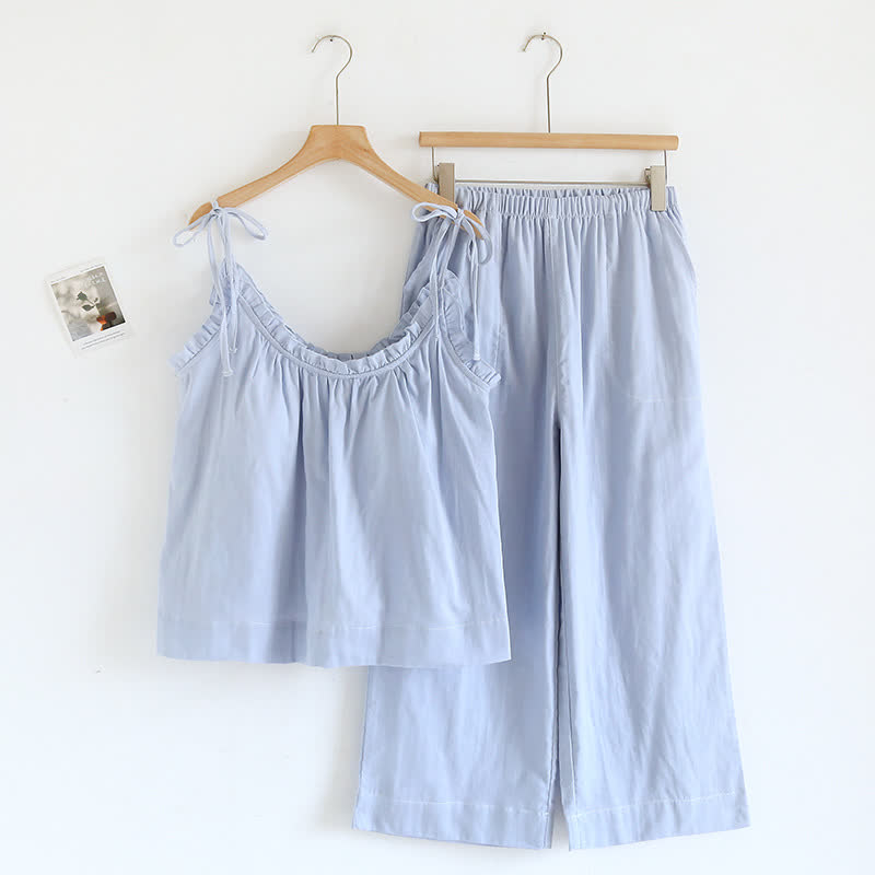 Damen Pyjama aus Baumwolle mit Rüschenkragen – Camisole-Set - Blau / M - Nachtwäsche und Homewear