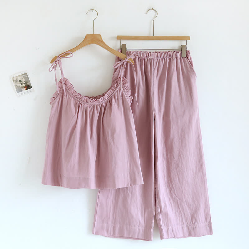 Damen Pyjama aus Baumwolle mit Rüschenkragen – Camisole-Set - Rosa / M - Nachtwäsche und Homewear