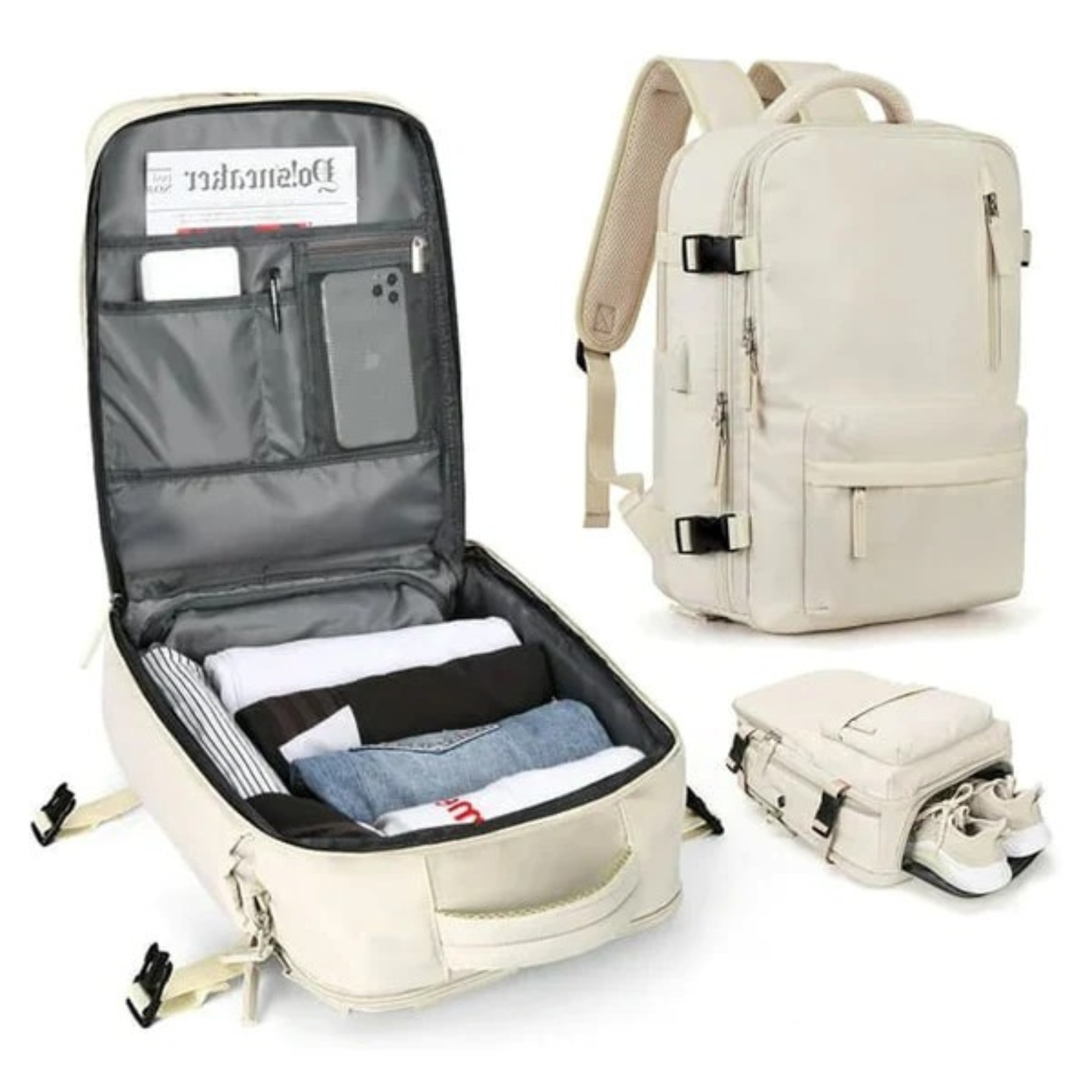 Damen Reiserucksack - Nylon mit USB-Anschluss und Diebstahlschutzfach Geräumig & Strapazierfähig - Beige - Reiserucksack