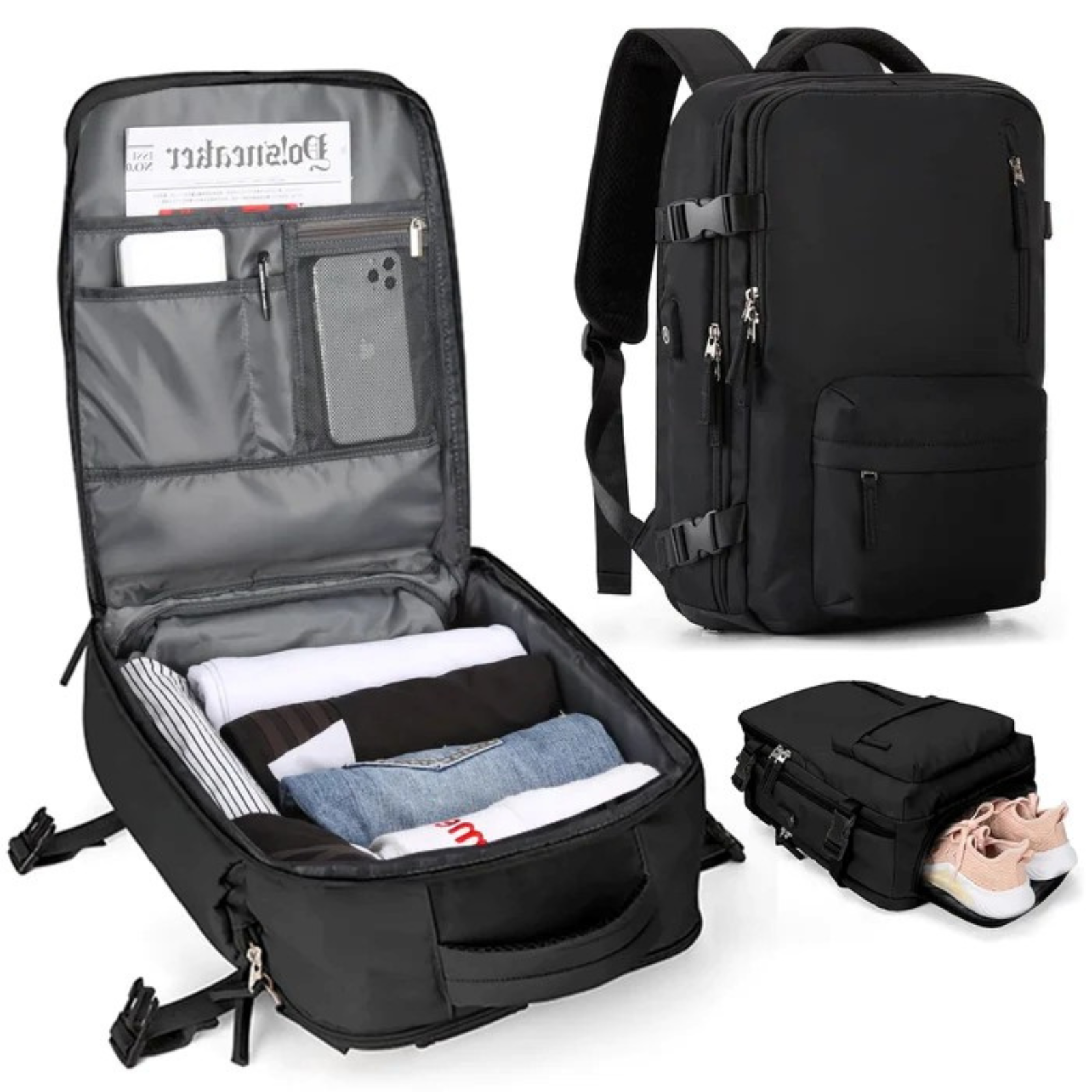 Damen Reiserucksack - Nylon mit USB-Anschluss und Diebstahlschutzfach Geräumig & Strapazierfähig - Schwarz