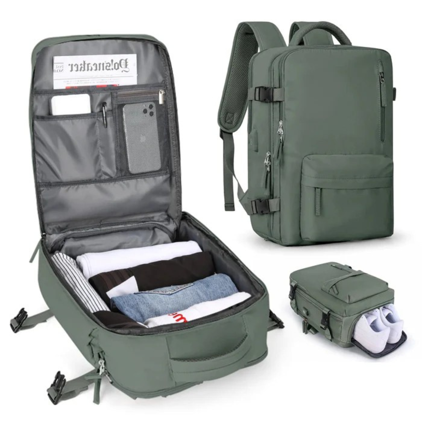 Damen Reiserucksack - Nylon mit USB-Anschluss und Diebstahlschutzfach Geräumig & Strapazierfähig - Grün - Reiserucksack