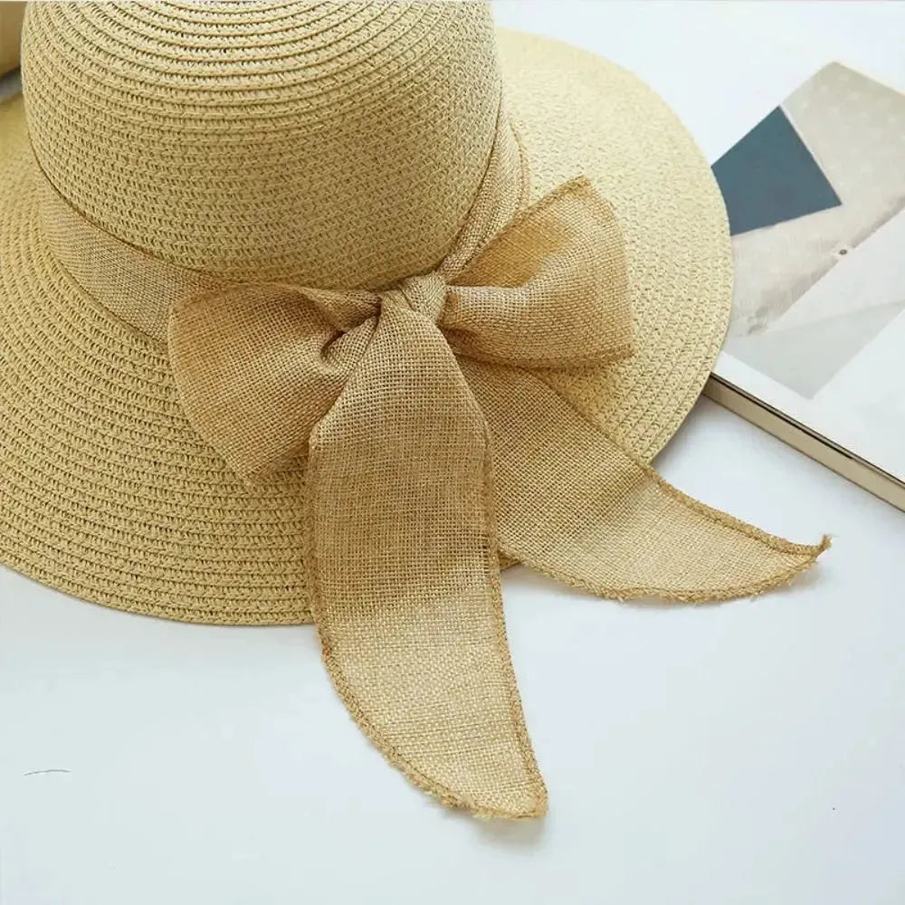 Damen Sonnenhut mit Schleife – Modischer Strohhut für Strand und Sommer - Beige - Damenhut