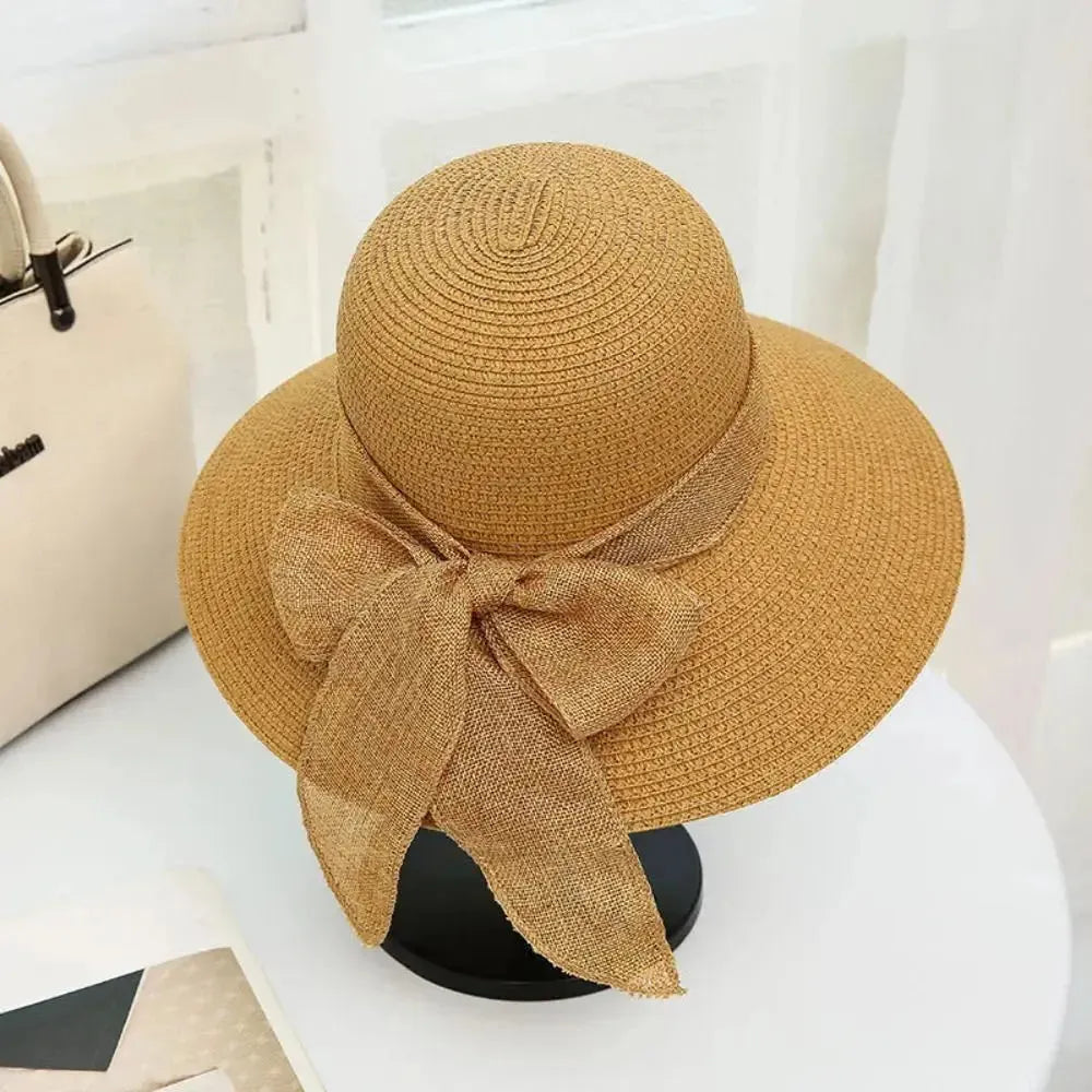 Damen Sonnenhut mit Schleife – Modischer Strohhut für Strand und Sommer - Khaki - Damenhut