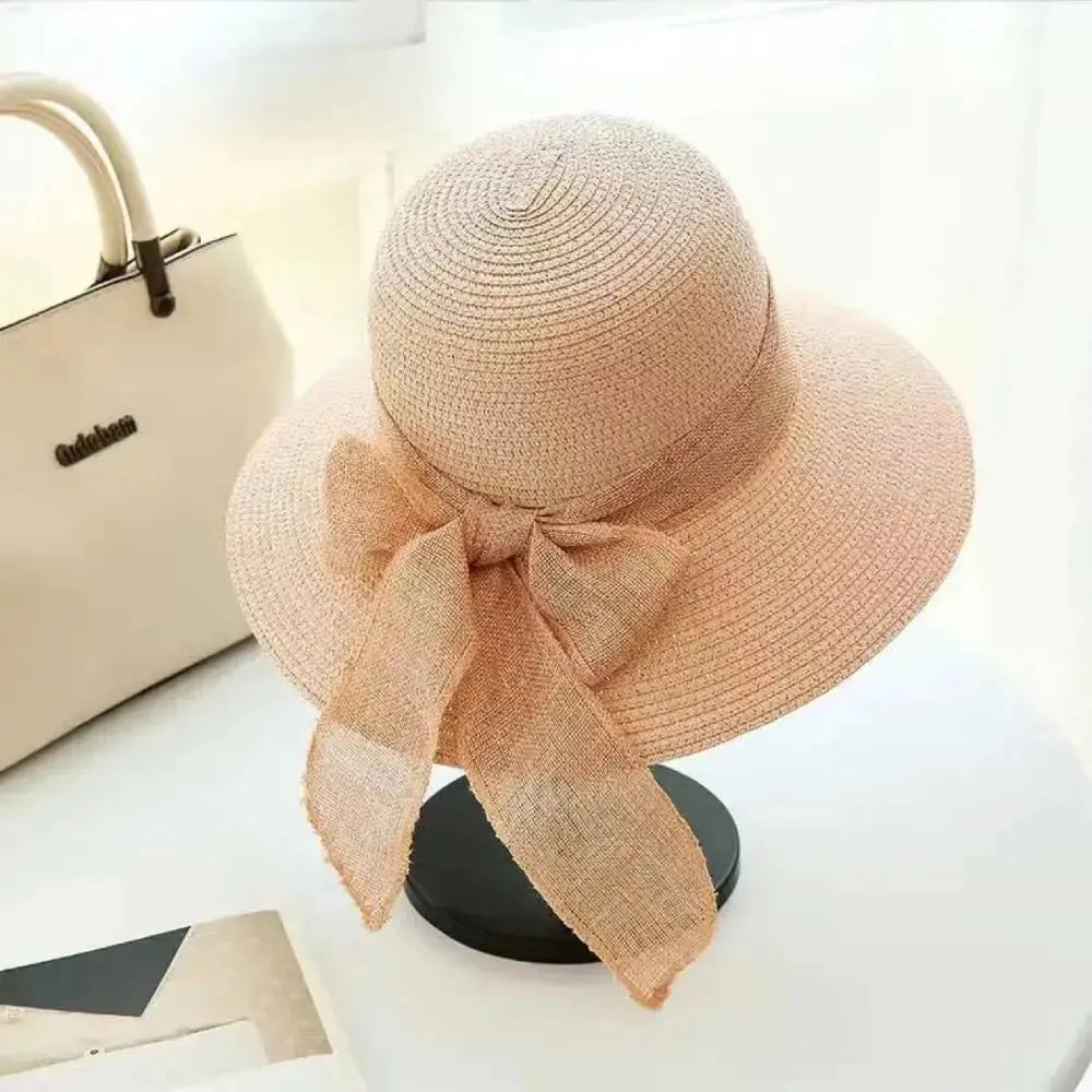 Damen Sonnenhut mit Schleife – Modischer Strohhut für Strand und Sommer - Rosa - Damenhut