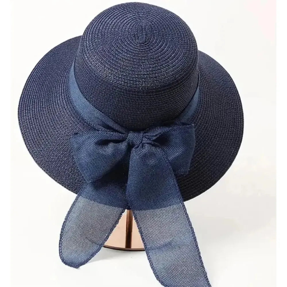 Damen Sonnenhut mit Schleife – Modischer Strohhut für Strand und Sommer - Marineblau - Damenhut