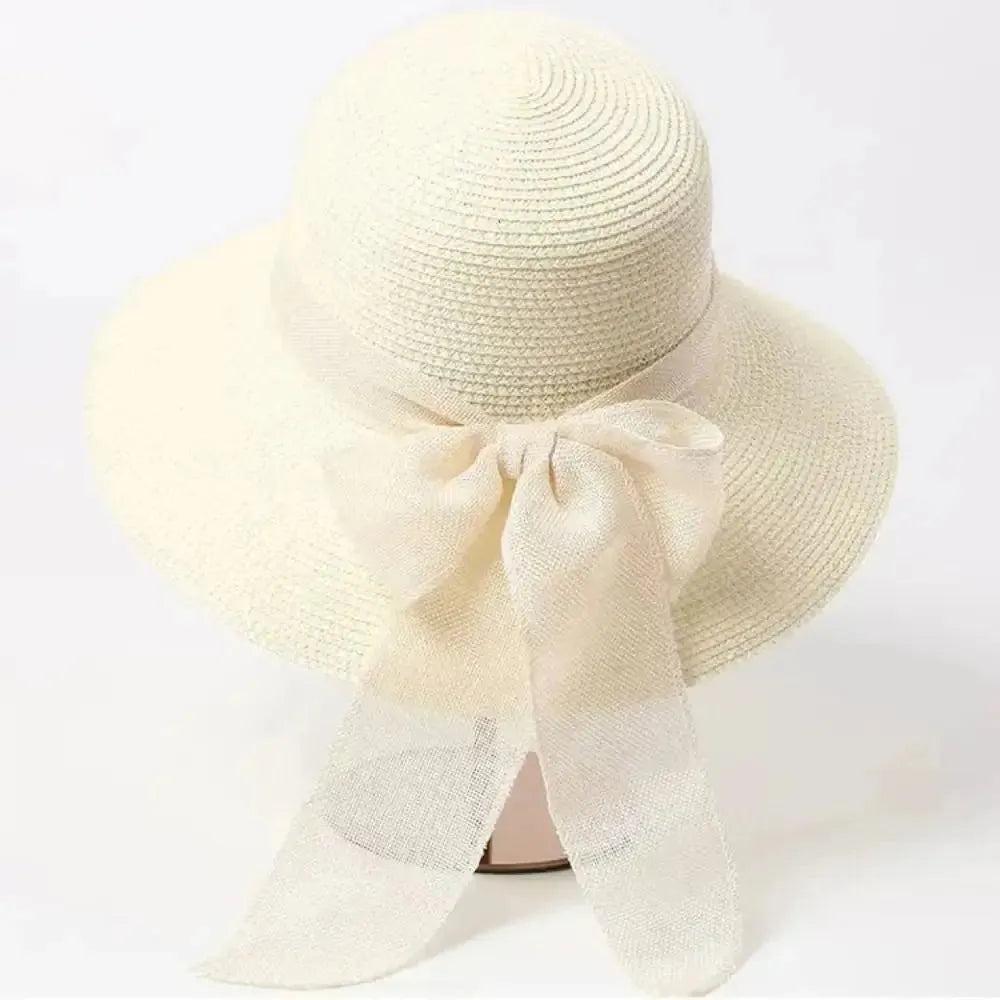 Damen Sonnenhut mit Schleife – Modischer Strohhut für Strand und Sommer - Weiß - Damenhut