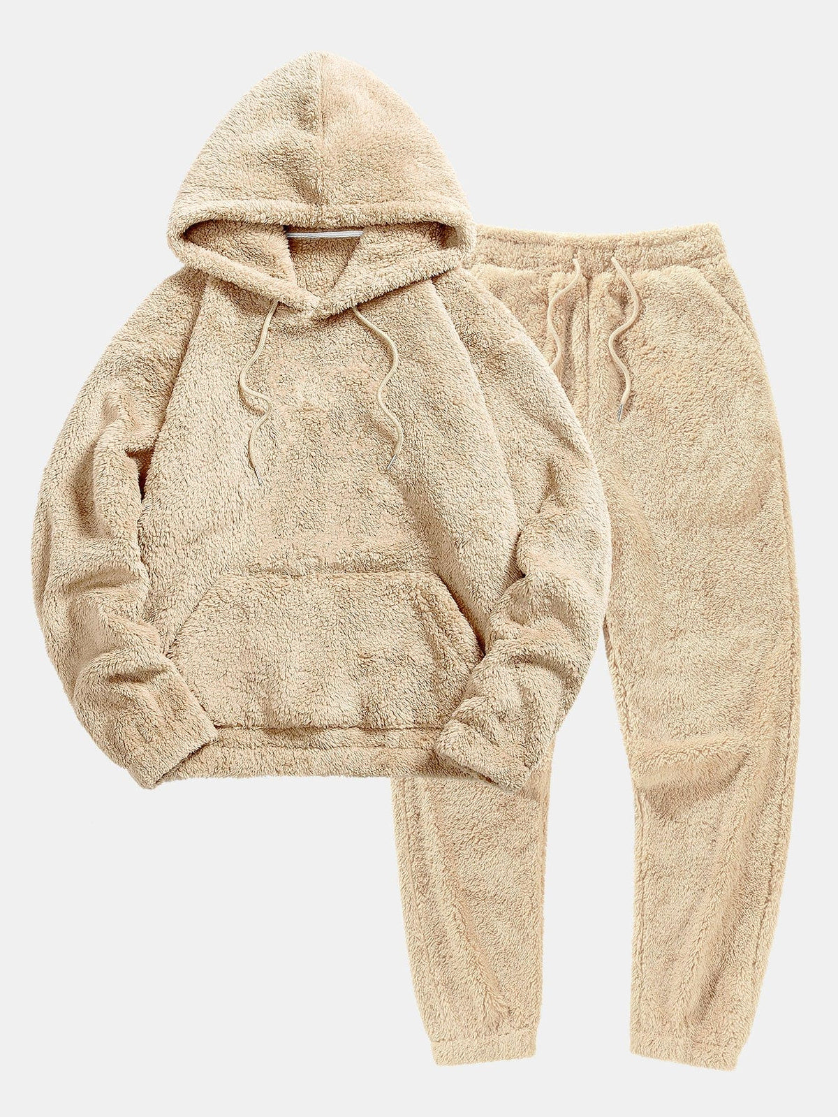 Damen Teddy-Fleece Set – Hoodie und Jogginghose - Beige / XS - Zweiteilige Loungeset Damen
