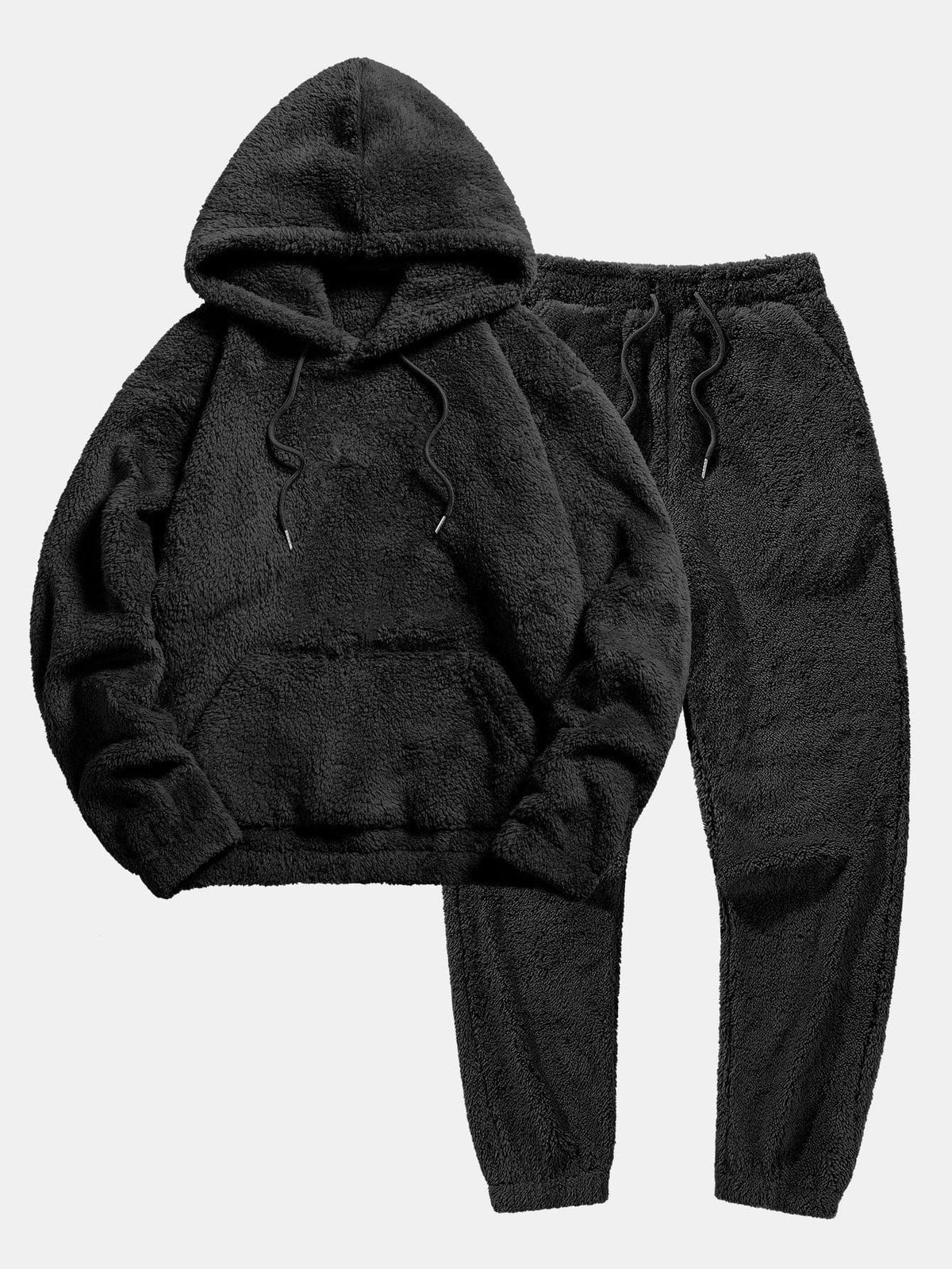 Damen Teddy-Fleece Set – Hoodie und Jogginghose - Schwarz / XS - Zweiteilige Loungeset Damen