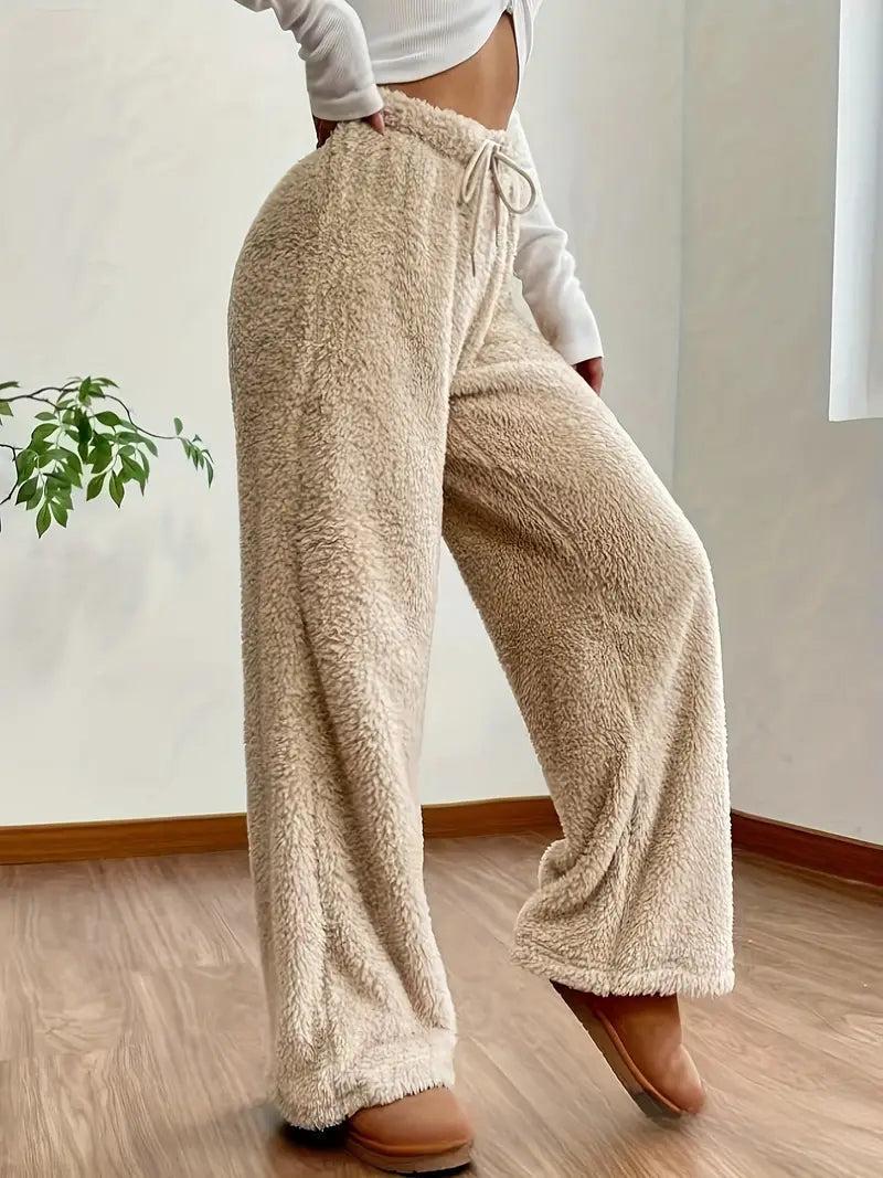 Damen Teddy Sherpa Hose – Weich Warm und Bequem - Beige / S - Damen Loungehose