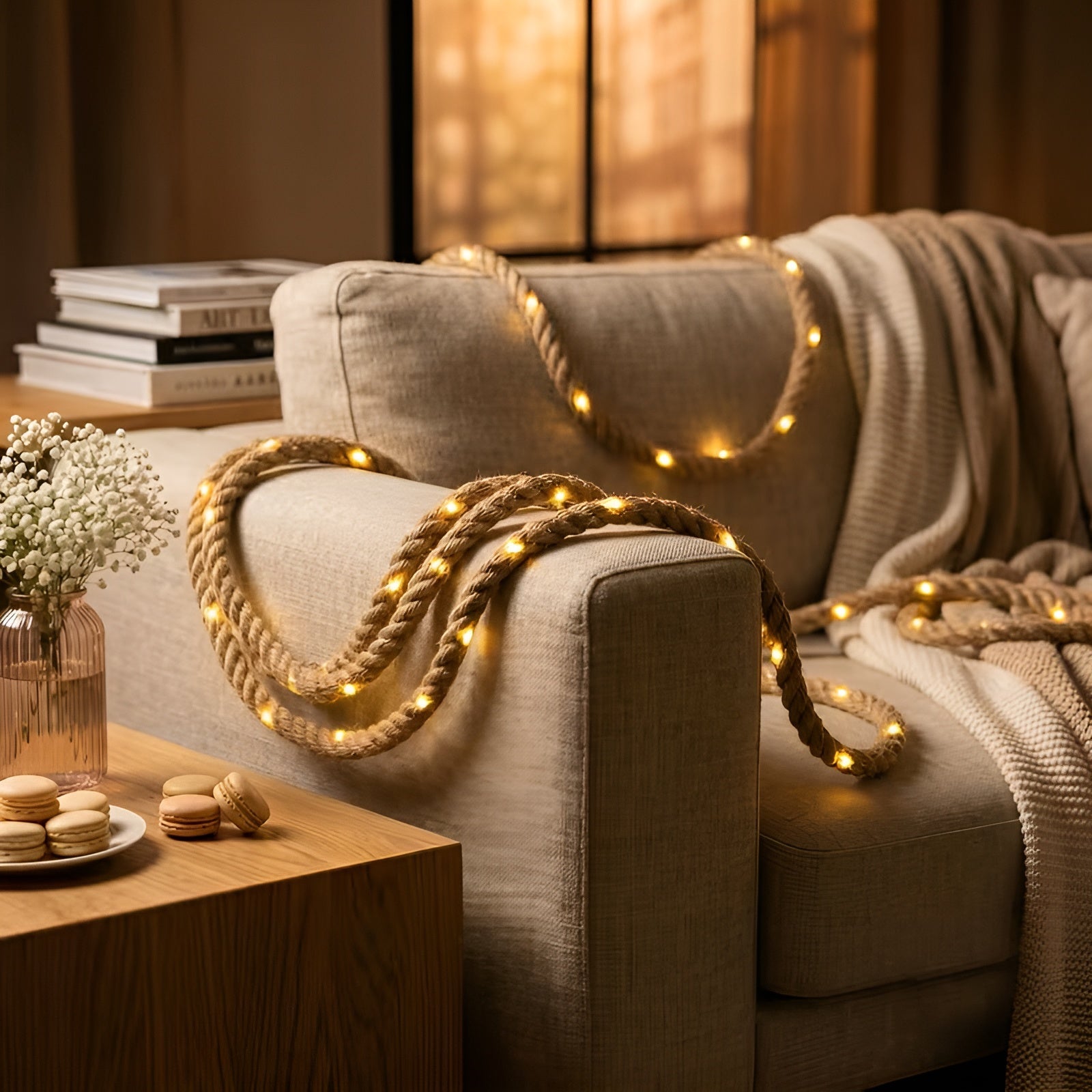 DIY Jute-Seil LED-Lichterkette – Rustikale Dekorationsbeleuchtung - 30 Lampen - Seil