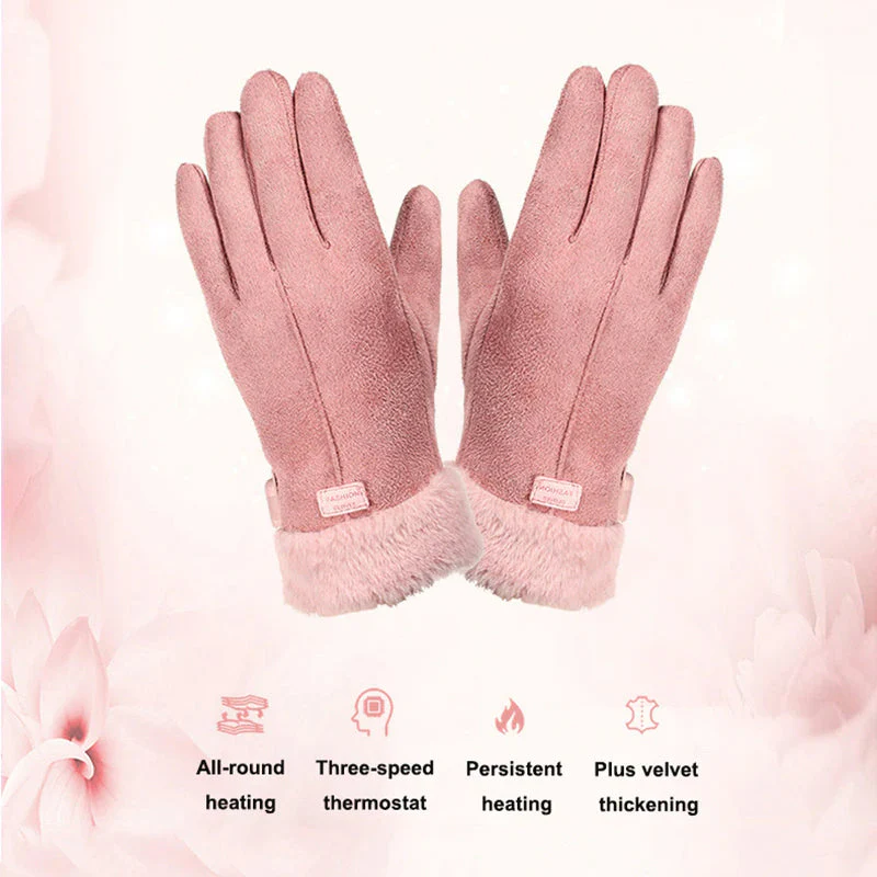 Frauen tragen rosa Touchscreen-Winterhandschuhe im Freien