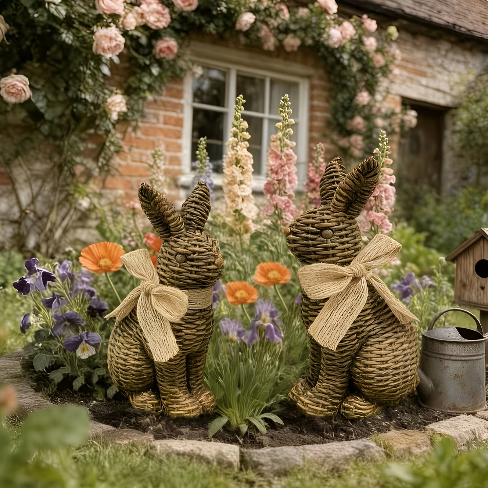 Hasenfigur 2er-Set aus Kunstharz – Vintage Landhausstil mit Sockel & Ranken-Design | Dekorativ für Garten und Ostern