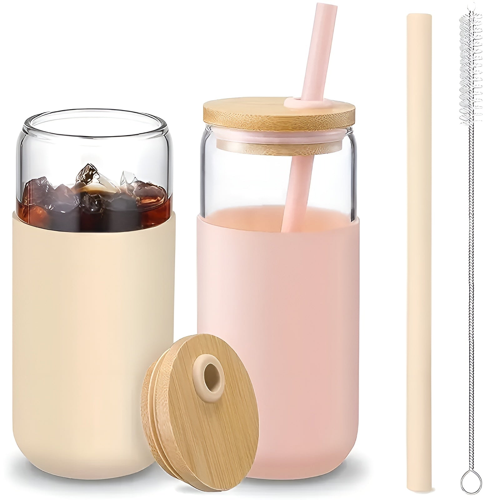 Trinkgläser mit Strohhalm – 2-teiliges Set mit Holzdeckel & Silikonhalter | Perfekt für Kaffee, Saft & Smoothies