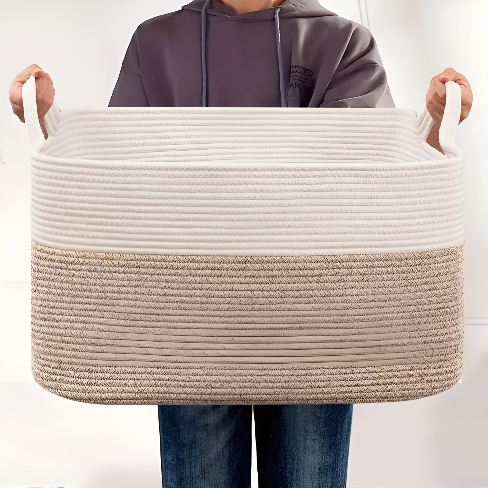 Großer Geflochtener Aufbewahrungskorb – Stabil & Stilvoll | Mit Seilgriffen, Perfekt für Wohnzimmer, Wäsche & Regale (Schwarz)
