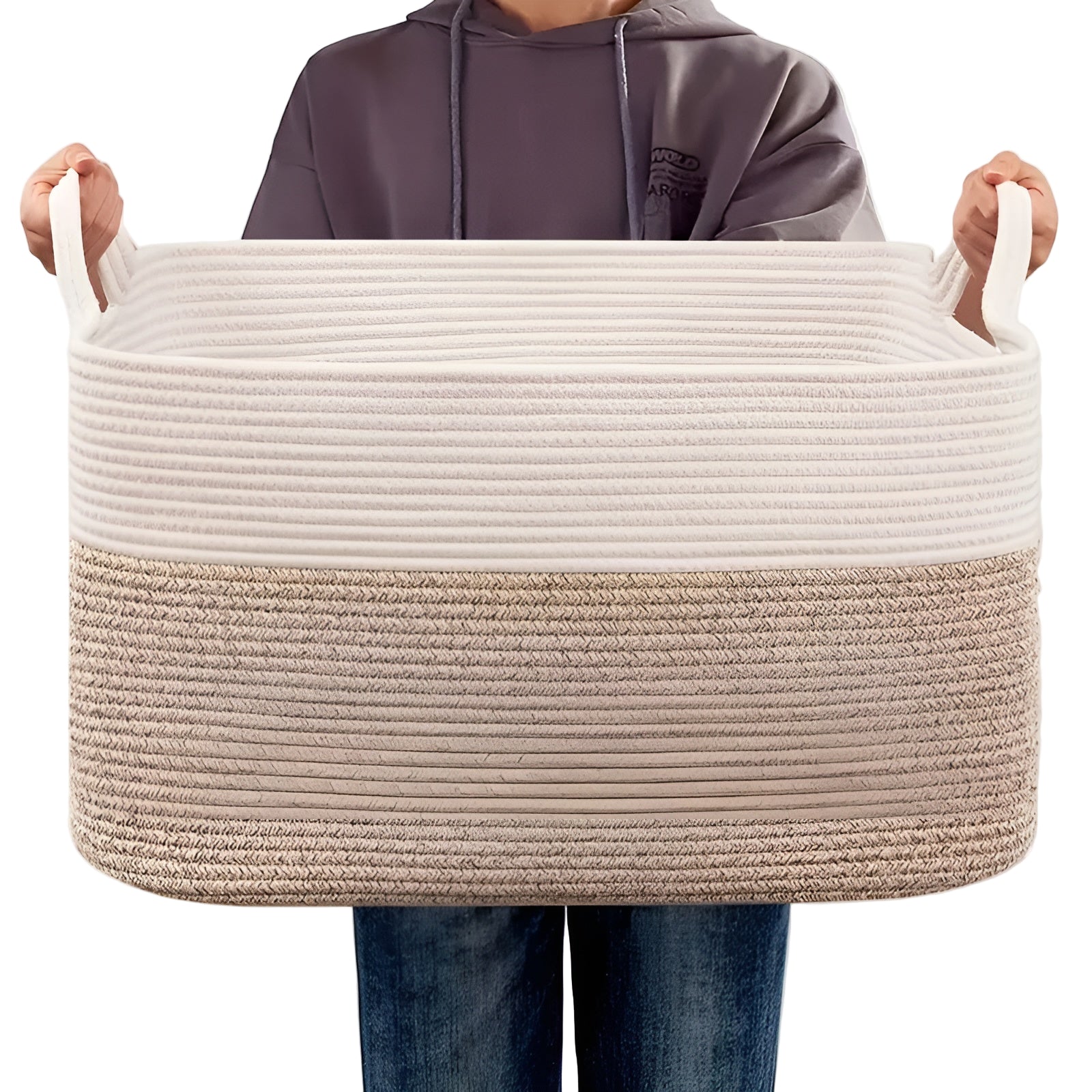 Großer Geflochtener Aufbewahrungskorb – Stabil & Stilvoll | Mit Seilgriffen, Perfekt für Wohnzimmer, Wäsche & Regale (Schwarz)