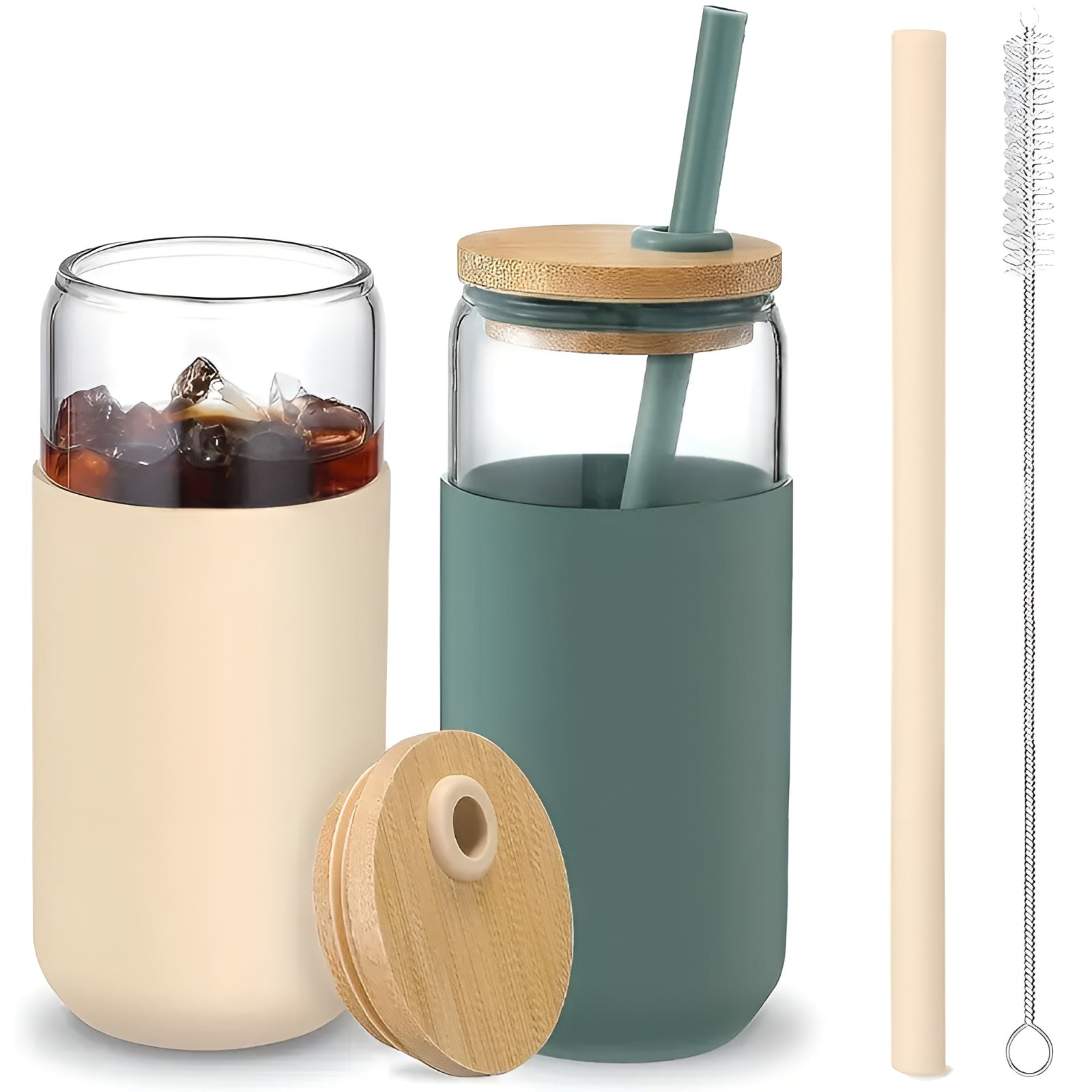 Trinkgläser mit Strohhalm – 2-teiliges Set mit Holzdeckel & Silikonhalter | Perfekt für Kaffee, Saft & Smoothies
