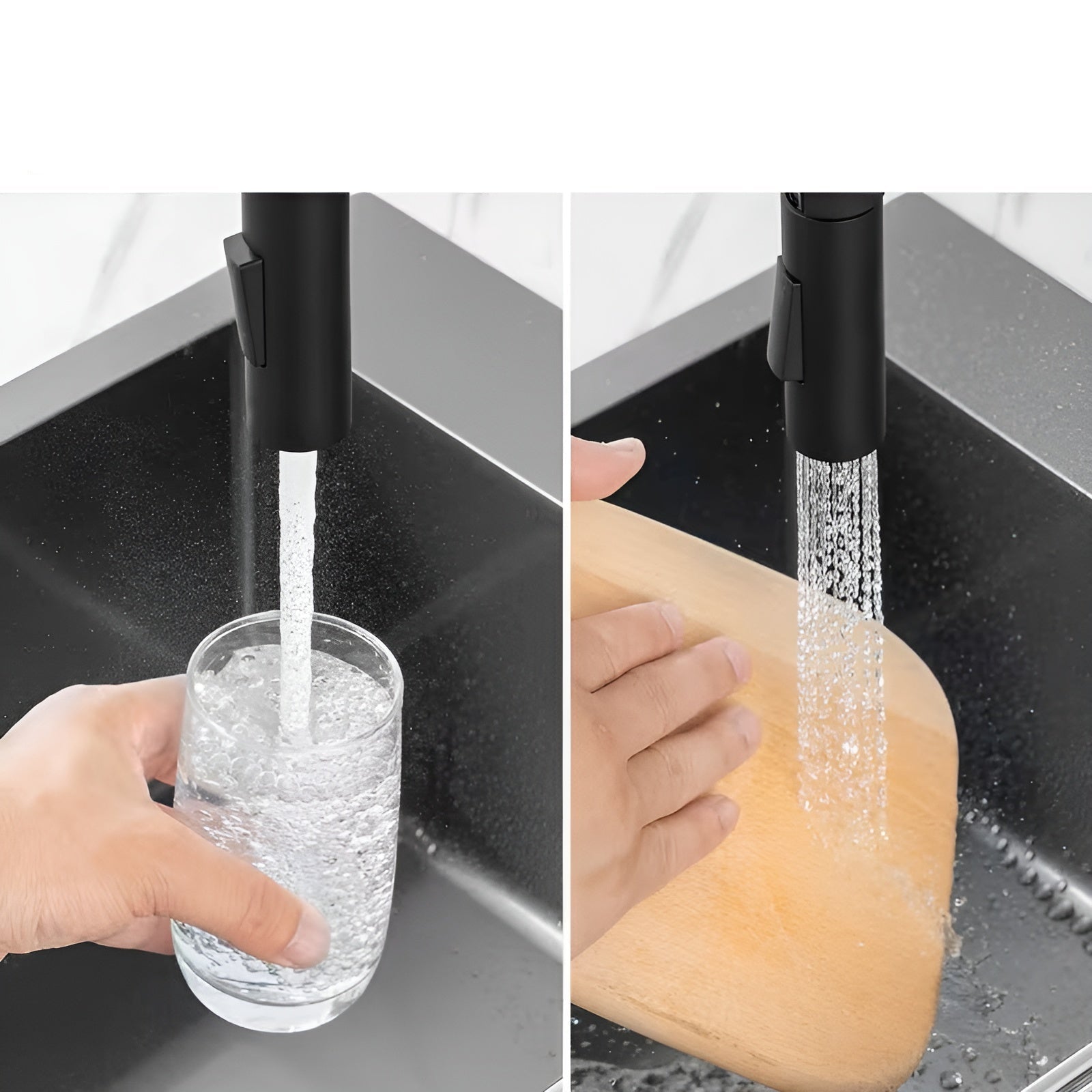 Küchenarmatur mit Feder – Hochdruck Spültischarmatur in Schwarz | Edelstahl mit Brause, 360° schwenkbar, 2 Strahlarten