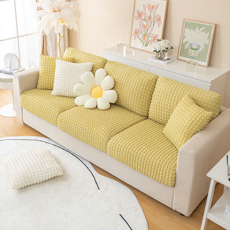 Elastischer Sofabezug aus Seersucker für Sofa und Chaiselongue - Senfgelb / Normalgröße S - Sofabezug