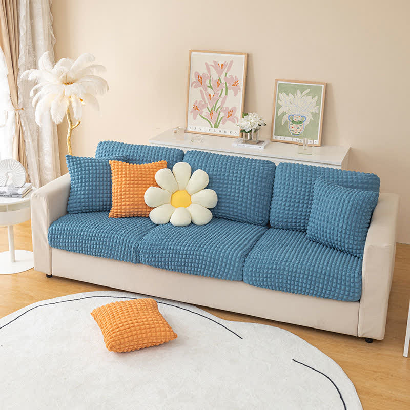 Elastischer Sofabezug aus Seersucker für Sofa und Chaiselongue - Blau / Normalgröße S - Sofabezug