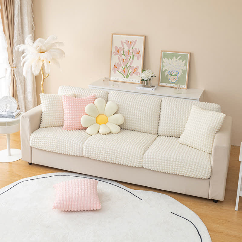 Elastischer Sofabezug aus Seersucker für Sofa und Chaiselongue - Weiß / Normalgröße S - Sofabezug