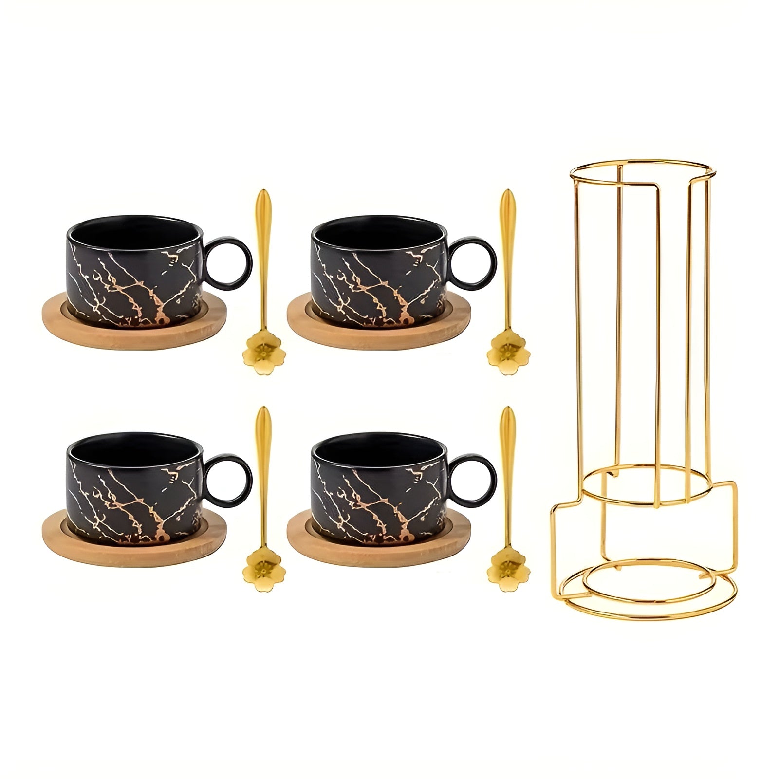 Keramik-Kaffeetassen Set (4-teilig) – Stapelbar mit Marmordesign | Mit Holzuntersetzer & Goldständer - Schwarz / 180ml