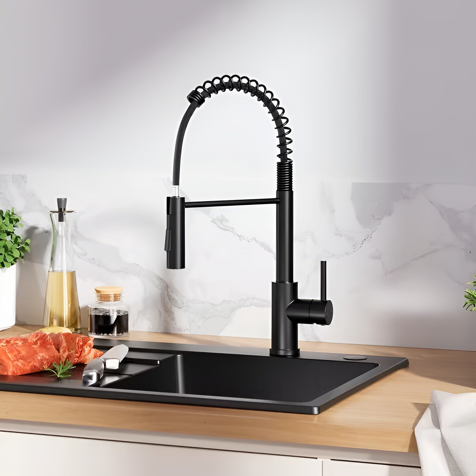 Küchenarmatur mit Feder – Hochdruck Spültischarmatur in Schwarz | Edelstahl mit Brause, 360° schwenkbar, 2 Strahlarten