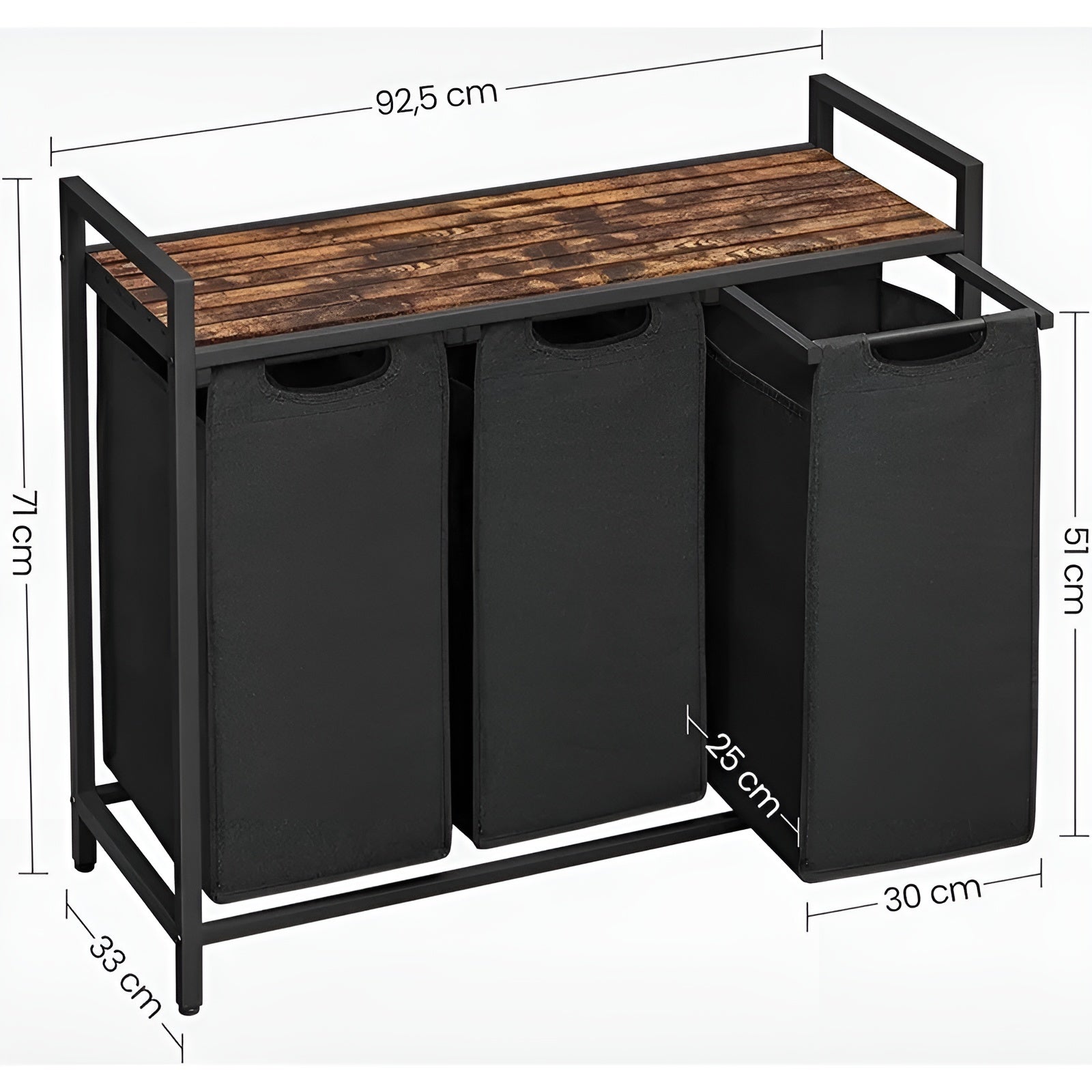 Wäschekorb mit Fächern – Ausziehbarer Wäschesortierer mit Ablage | Schwarzes Metall & Holzoptik in Braun