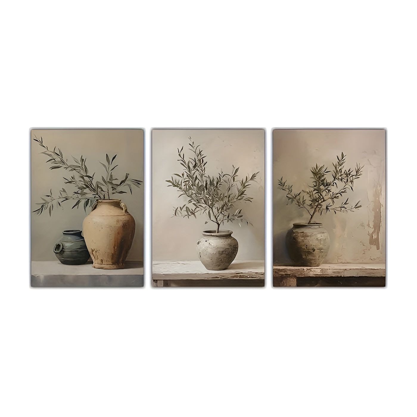 OliveVase Canvas Kunst - Vintage Minimalist 3er Set Botanische Wandkunst